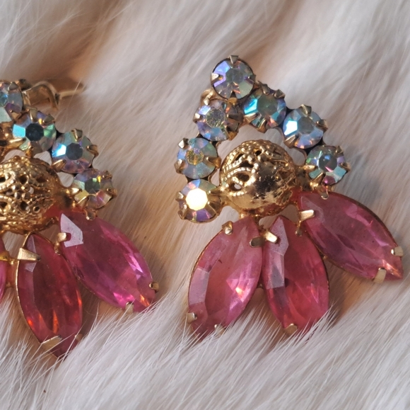 JULIANA gorgeous pink and borealis rhinestones and gold earrings - Picture 3 of 4